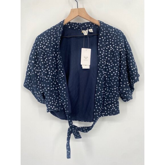 NWT ROXY POLKA DOT OPEN FRONT TIE SHORT SLEEVE TOP SIZE MEDIUM - Picture 1 of 4